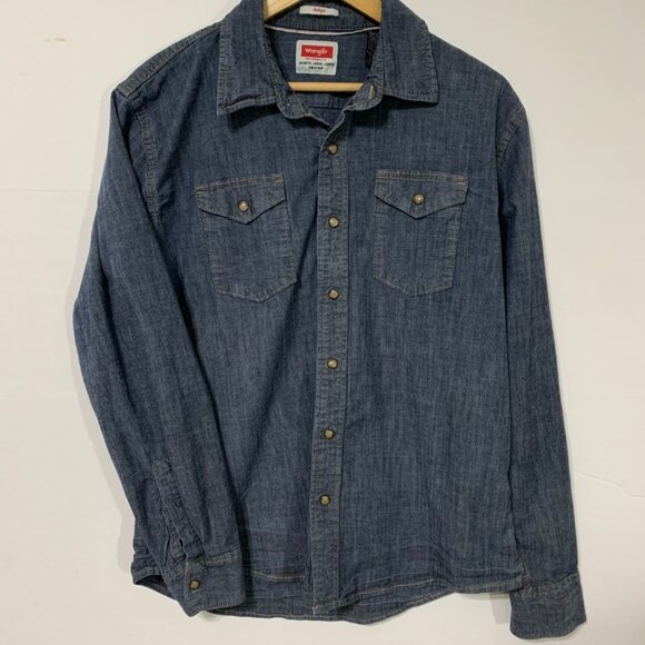 Wrangler Western Denim Indigo Brown Pearl Snap Button Down Size Large - Picture 1 of 16